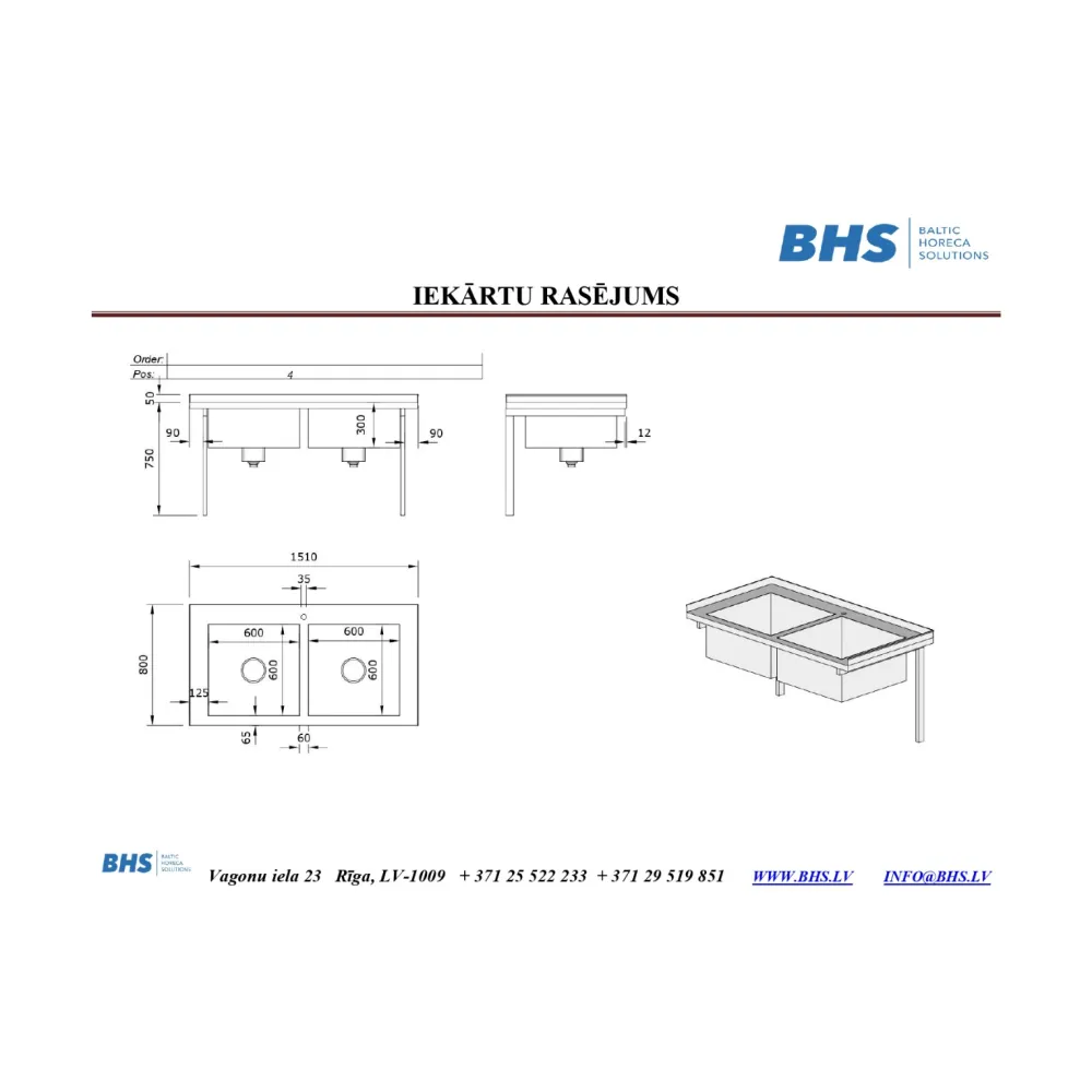 Table de travail de cuisine BHS-HoReCa CH24-1387-151/80/40