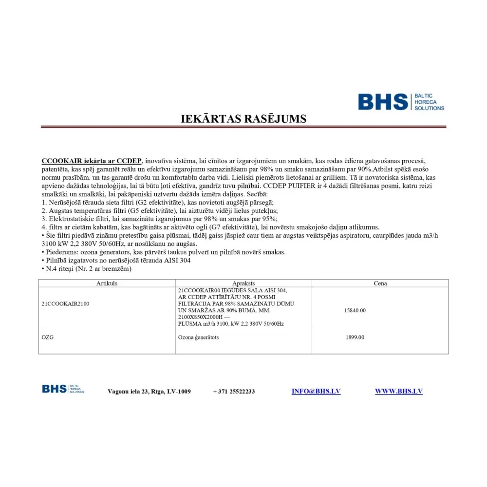 Hotte d'extraction de vapeur BHS-HoReCa 21CCOOKAIR2100