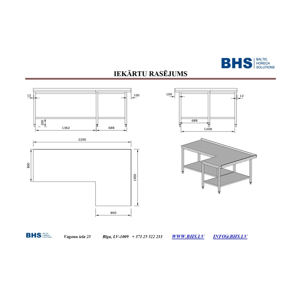 Table de travail de cuisine BHS-HoReCa PR-worktable-2200-1400