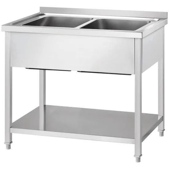GREDIL Tables en acier inoxydable avec deux éviers et une étagère