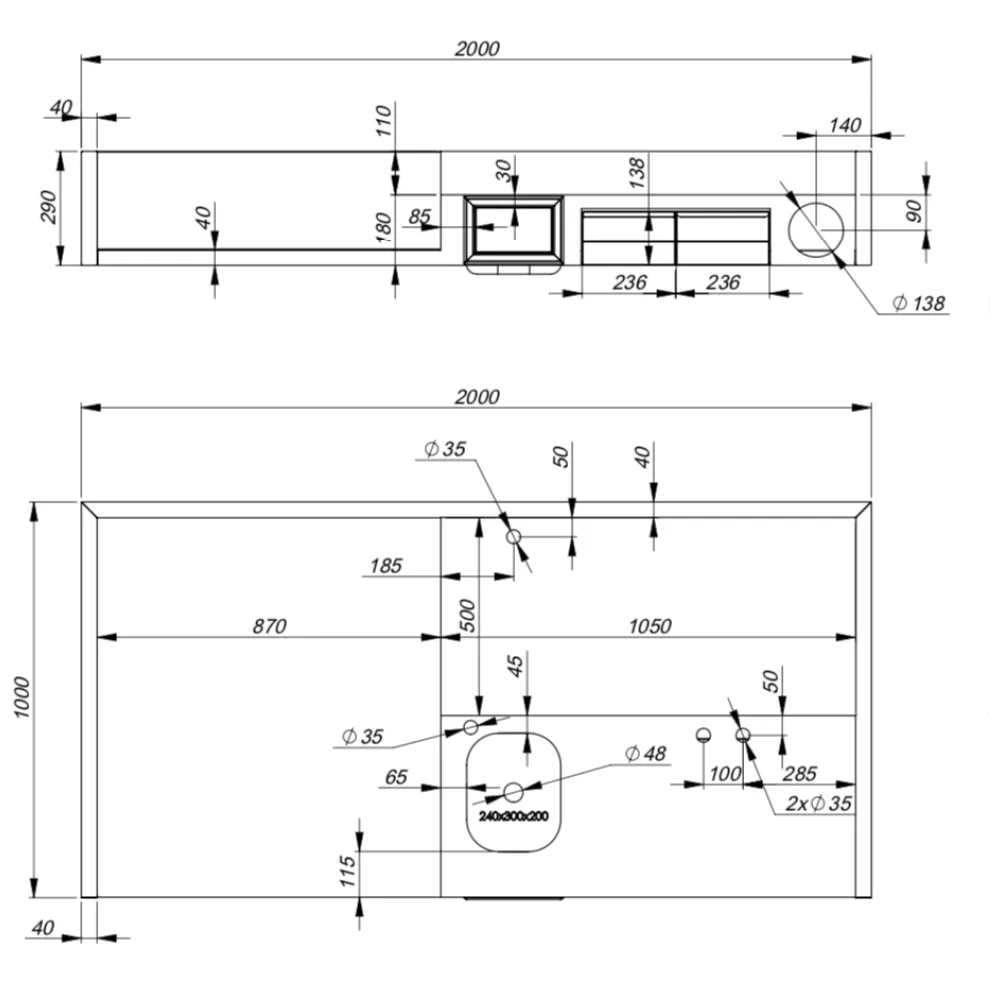 Plan de travail sur mesure avec évier, réalisé à la commande BHS-HoReCa