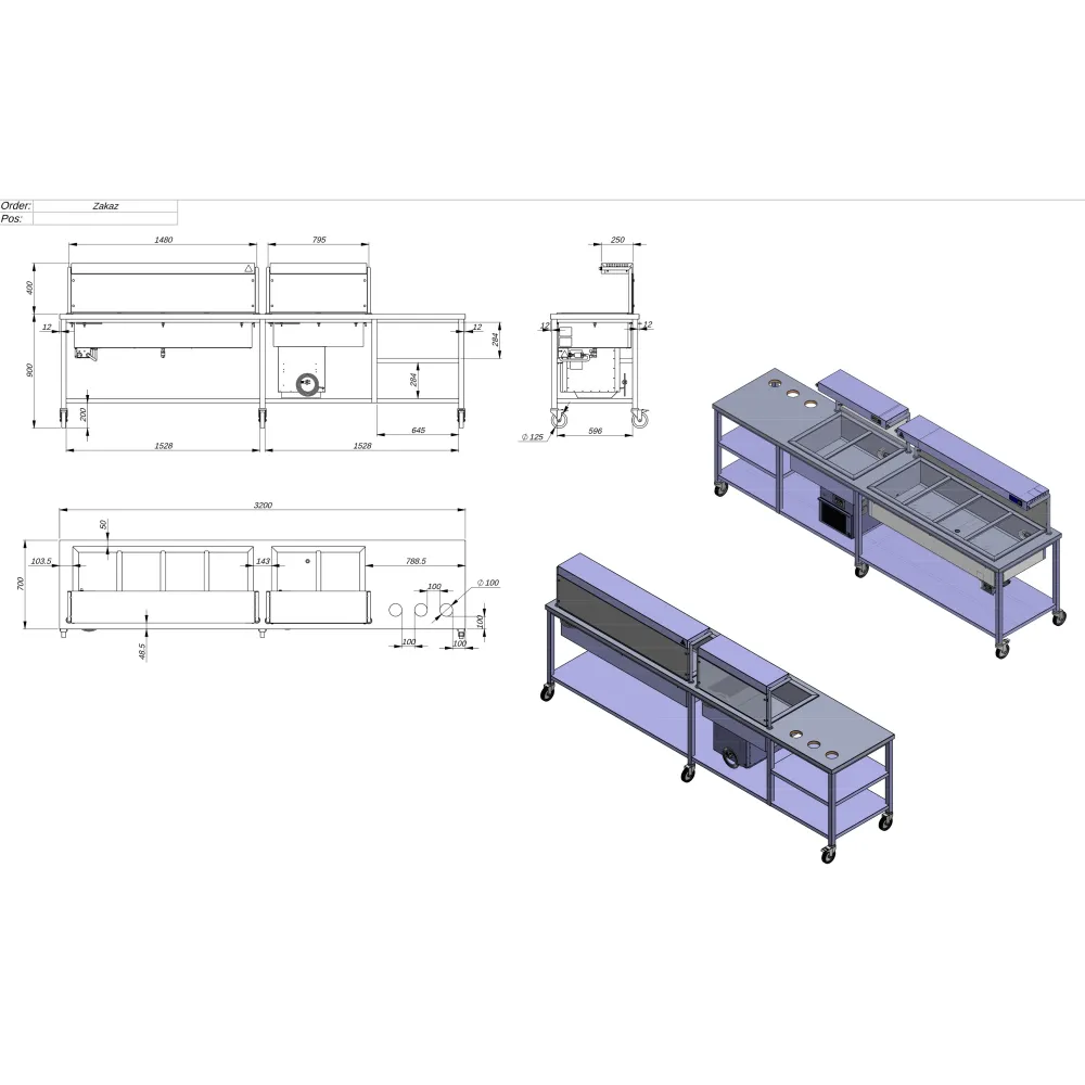Projet de table sur mesure avec bain-marie froid et chaud, réalisé à la commande BHS-HoReCa GN1/1x2GN1/1x4