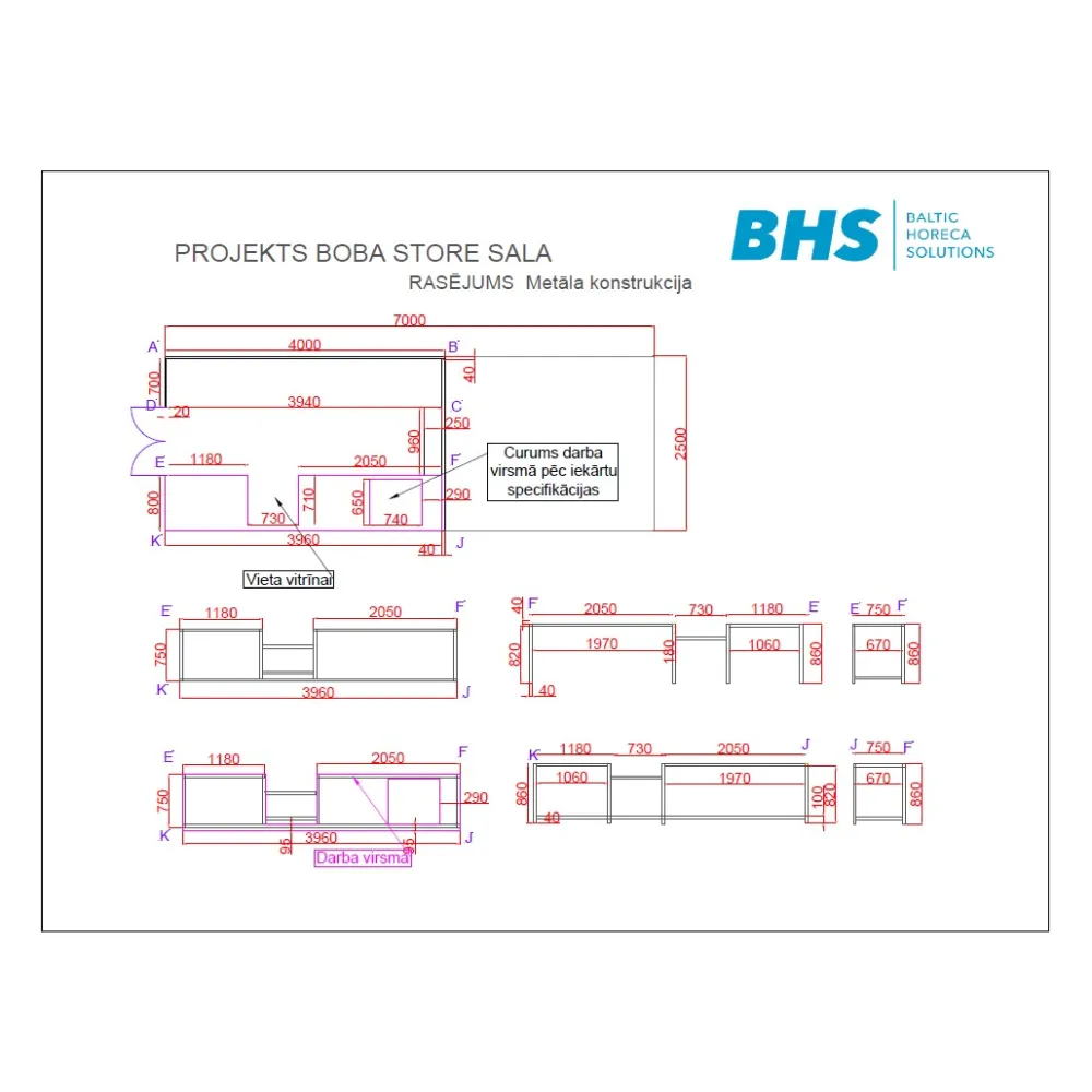 Structure de comptoir en métal, réalisée à la commande BHS-HoReCa XCH24-0030-02